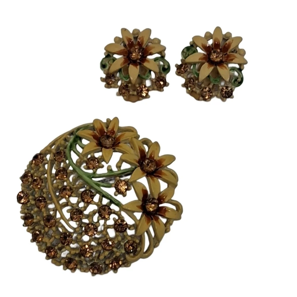 Vintage Enamel Floral Brooch & Clip Earrings Set | Mid-Century Amber Rhinestone
